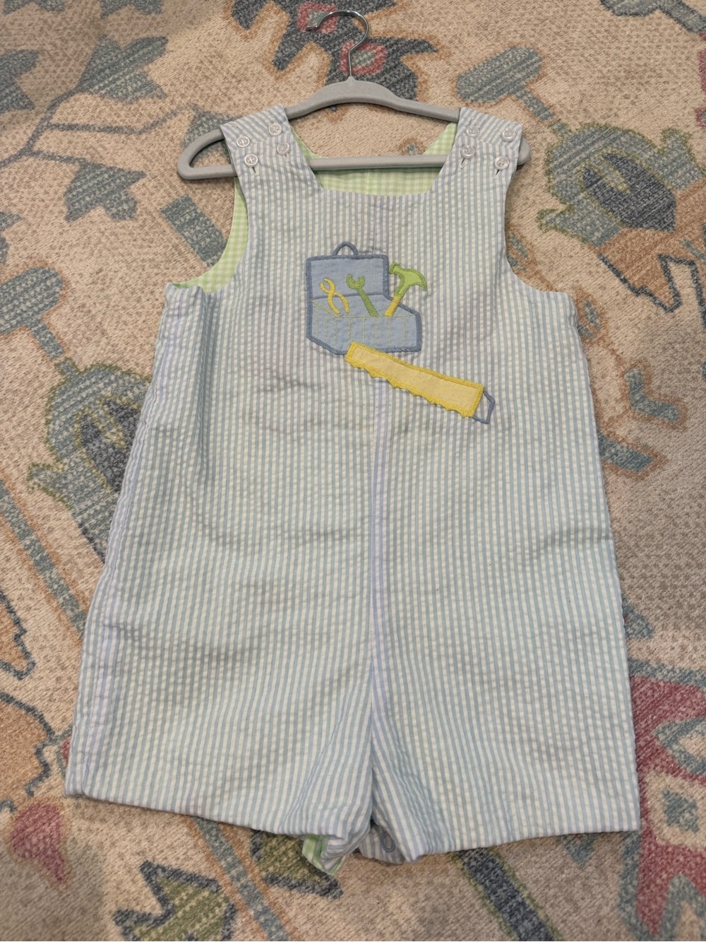 Bailey Boys' Light Blue Striped Tool Appliqué Shortalls